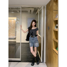 批发地球店miu系穿搭复古做旧口袋宽松工装直筒<b class='q'>牛仔</b>裤<b class='q'>短裤</b>子女小个子