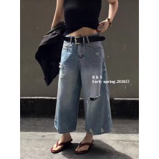 批发欧货2026春夏新款复古风后口袋 高腰无<b class='q'>弹力</b>破洞八分阔腿<b class='q'>牛仔裤</b>