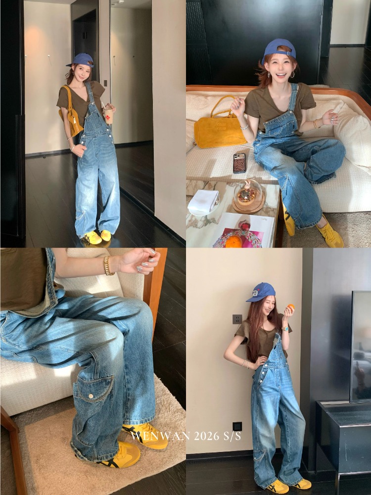 wenwan 사설 서비스 부서 멜빵 바지 디자이너 섹션 파란색 데님 멜빵 바지 캐주얼 연령 감소 올인원 바지