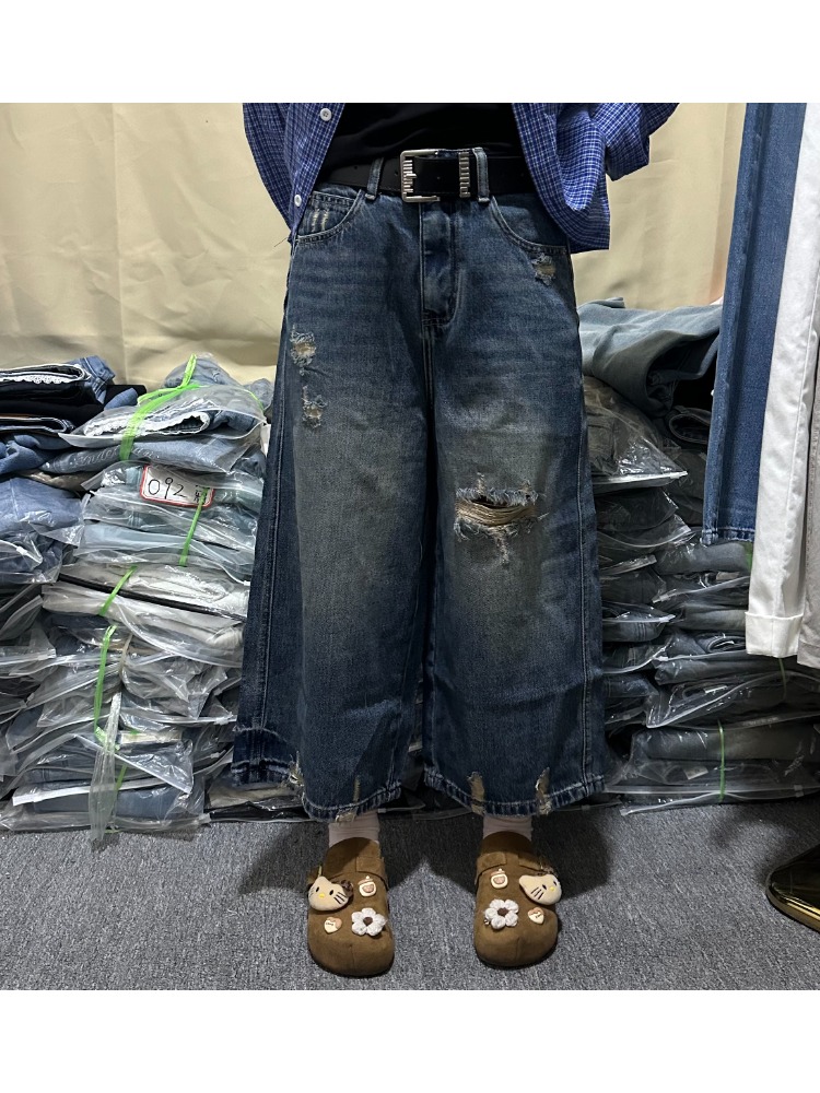 2026 폭발 아메리칸 높음 거리 찢어진 부분 7 점 청바지 남녀 여름 새로운 조수 브랜드 루즈핏 캐주얼 스트레이트