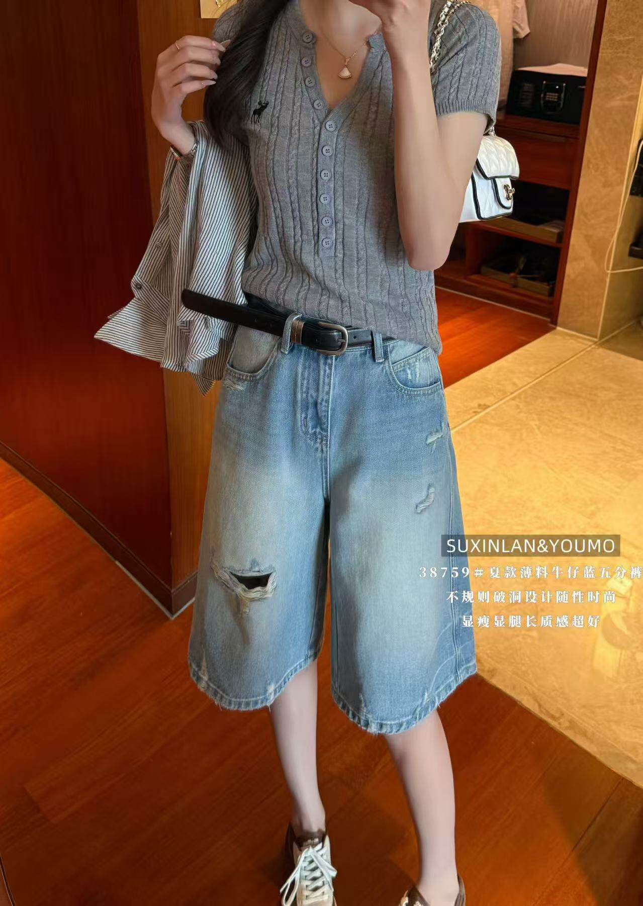 여름 섹션 얇은 재료 데님 블루 오부 바지 불규칙 찢어진 부분 디자인 와 성별 슬림해 보이는 디스플레이 다리 길이 바지 38759