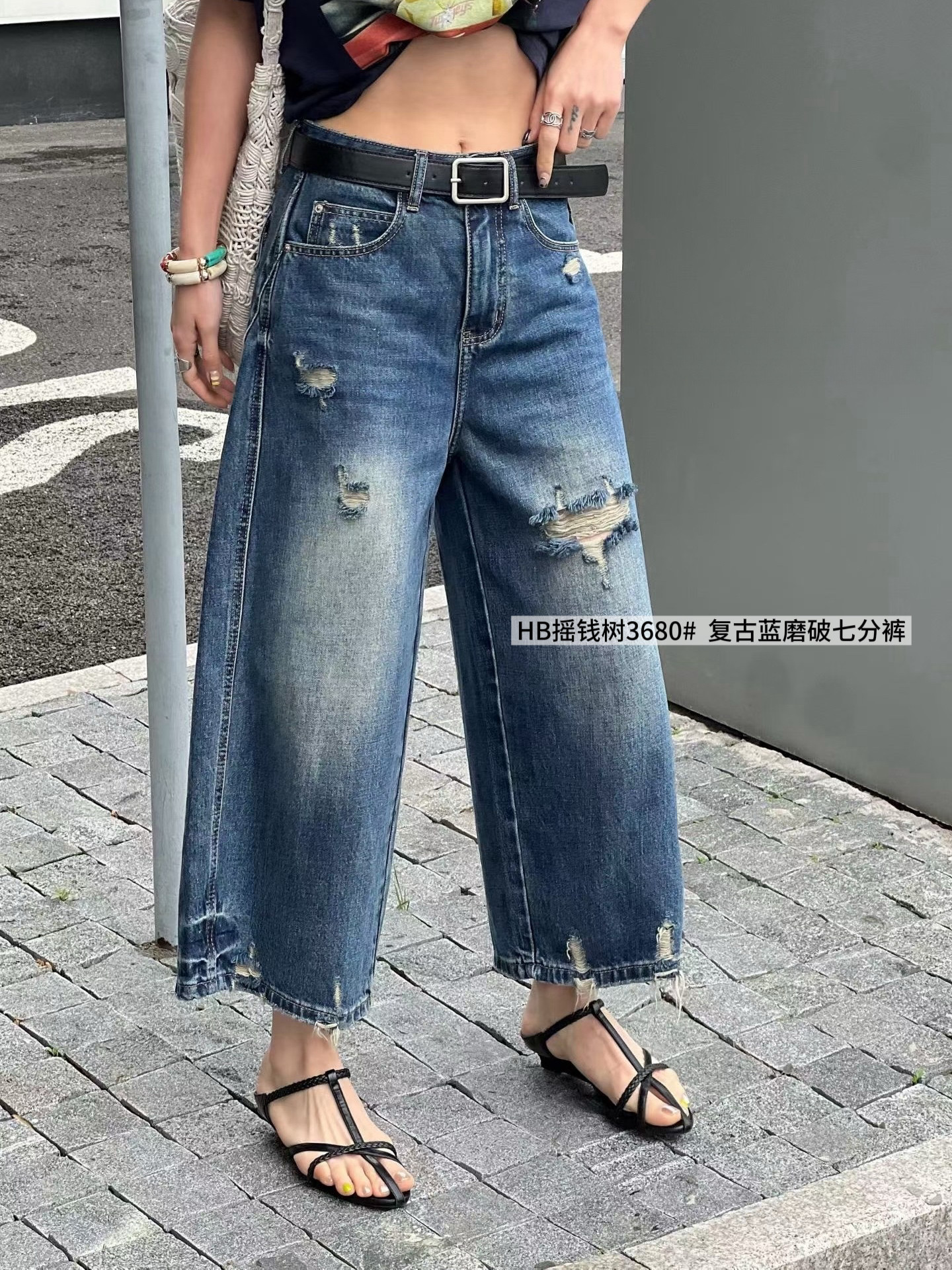 3680 여름 새로운 한국 스타일 품격 다용도 하이웨이스트 슬림해 보이는 레트로 블루 찢어진 7부 바지 캐주얼 청바지 여성