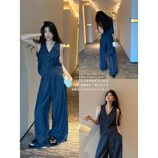 批发素心兰38522夏季2026新款夏季两件套马甲+阔腿裤港风<b class='q'>牛仔</b>裤女套装