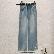 批发欧制OUZHI贴<b class='q'>镶钻</b><b class='q'>牛仔裤</b>亮钻阔腿直筒裤宽松高腰休闲桶裤春秋61681