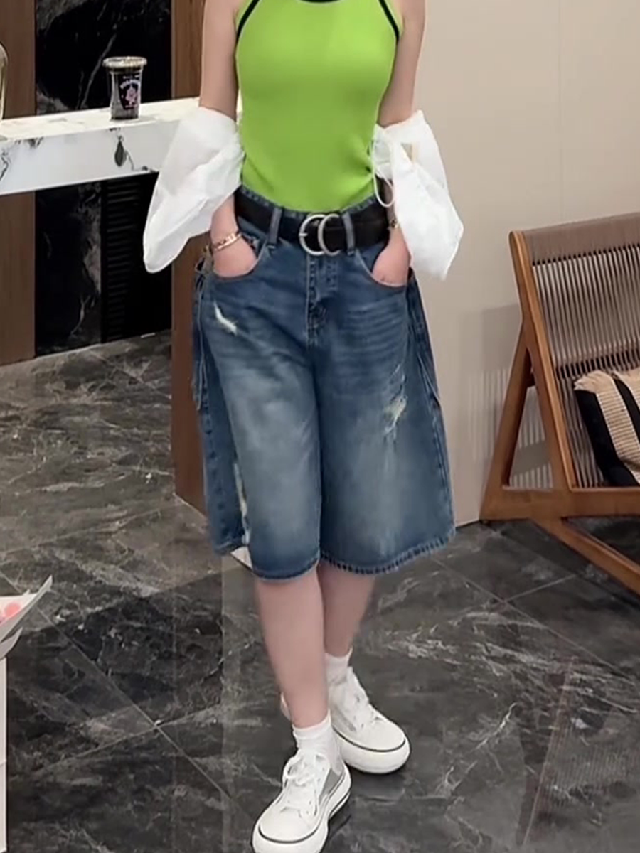 여름 얇은 스타일 여성 의류 찢어진 부분 마 오래된 트렌디 바람 반바지 표지 고기 슬림해 보이는 하이웨이스트 5 점 넓은 다리 청바지