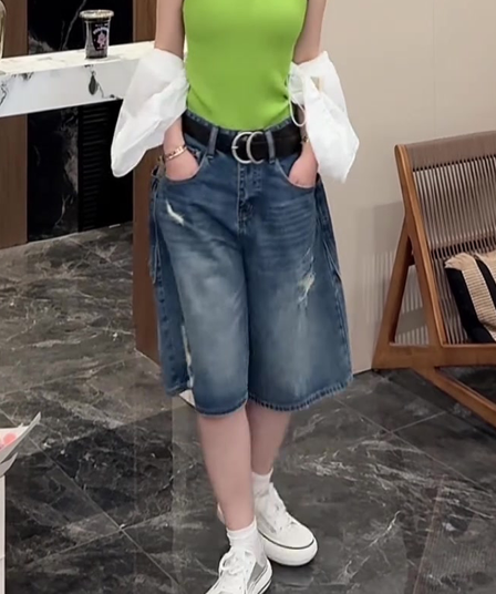 여름 얇은 스타일 여성 의류 찢어진 부분 마 오래된 트렌디 바람 반바지 표지 고기 슬림해 보이는 하이웨이스트 5 점 넓은 다리 청바지