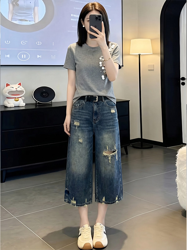 아메리칸 레트로 작은 대중 파란색 찢어진 부분 8 점 청바지 여성 2026 여름 새로운 다용도 루즈핏 와이드 레그 팬츠