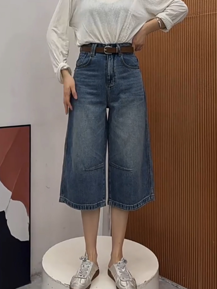 jeans2026 새로운 여름 섹션 한국 스타일 하이웨이스트 슬림해 보이는 다용도 루즈핏 없음 폭탄 7부 바지 여성 데님 바지