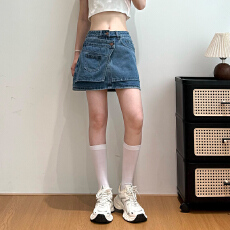 批发实拍~~美式复古时尚百搭<b class='q'>通勤</b>显瘦假两件牛仔半身短裙夏季a字裙子