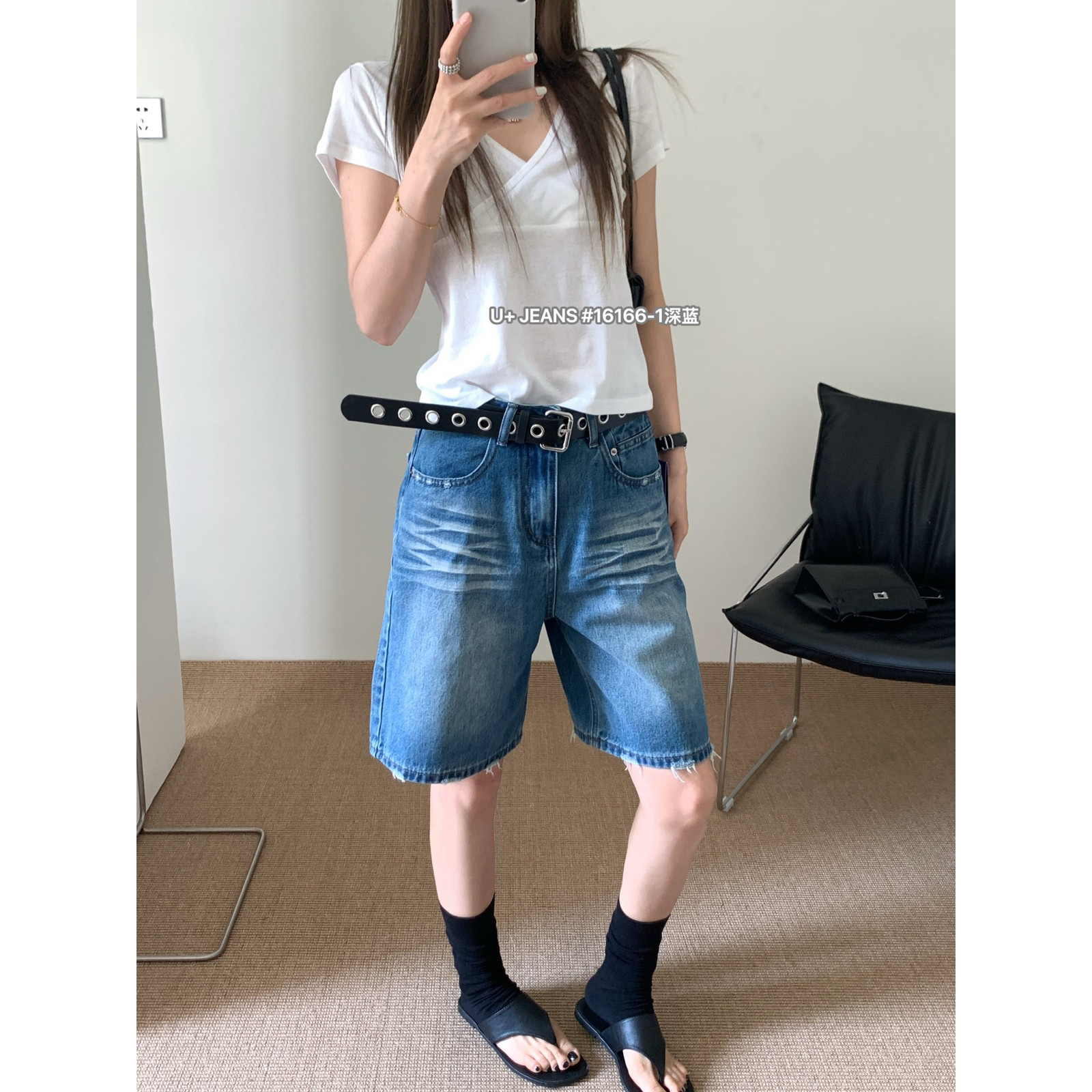 u+ 데님 여름 새로운 한국 스타일 패션 작은 여자 다용도 슬림해 보이는 디자인 센스 반바지 청바지 16166-1