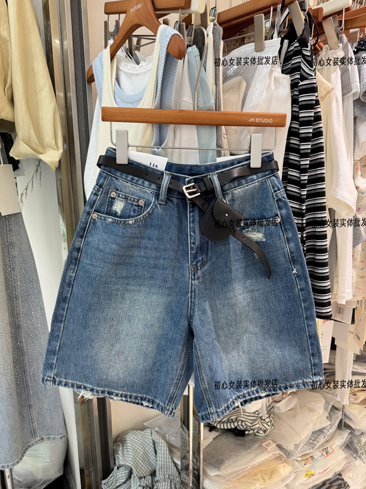 레트로 스타일 하이웨이스트 슬림해 보이는 데님 반바지 여성 26 봄 여름 새로운 찢어진 부분 오부 바지 작은 키 바지 트렌디 601