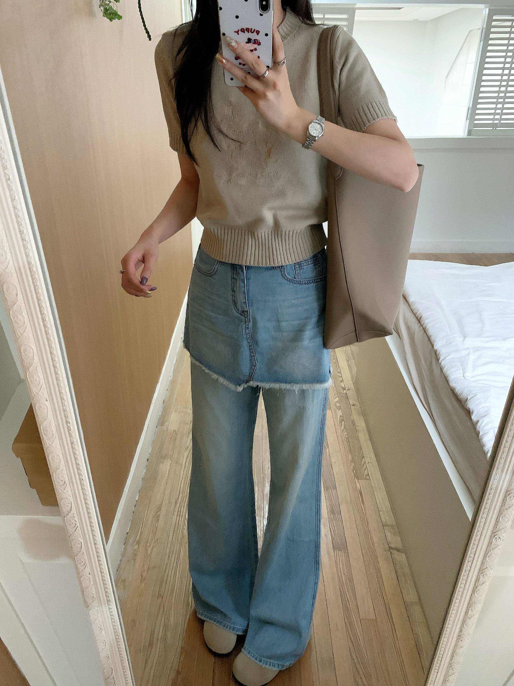 한 여성 방귀 커튼 청바지 워시 물 페이크 레이어드 넓은 다리 방귀 커튼 플레어 바지