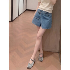 批发浅蓝假两件<b class='q'>牛仔</b>短裙裤<b class='q'>女</b>装夏季A字高腰不规则带裙裤大码辣妹裤子