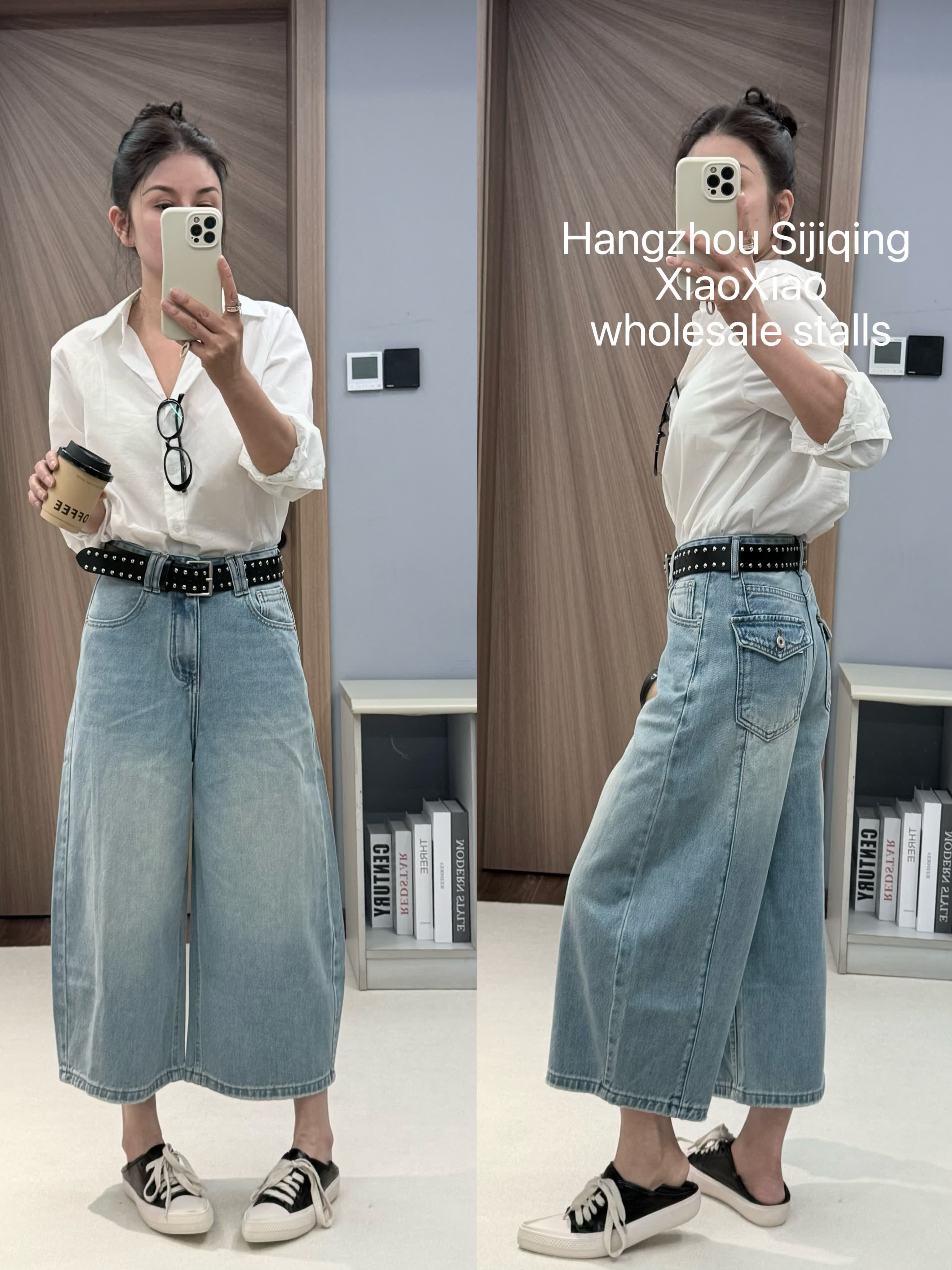 jeansd055 봄 여름 신제품 차가운 바람의 소리 딱딱한 데님 블루 면 100% 캐주얼 없음 폭탄 넓은 다리 8 점 청바지 여성 b