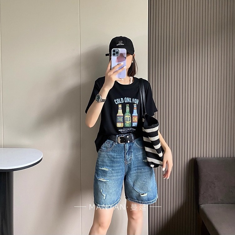 5967 레트로 노스탤지어 블루 찢어진 부분 5 점 데님 반바지 여성 여름 스트레이트 하이웨이스트 루즈핏 슬림해 보이는 넓은 다리 바지