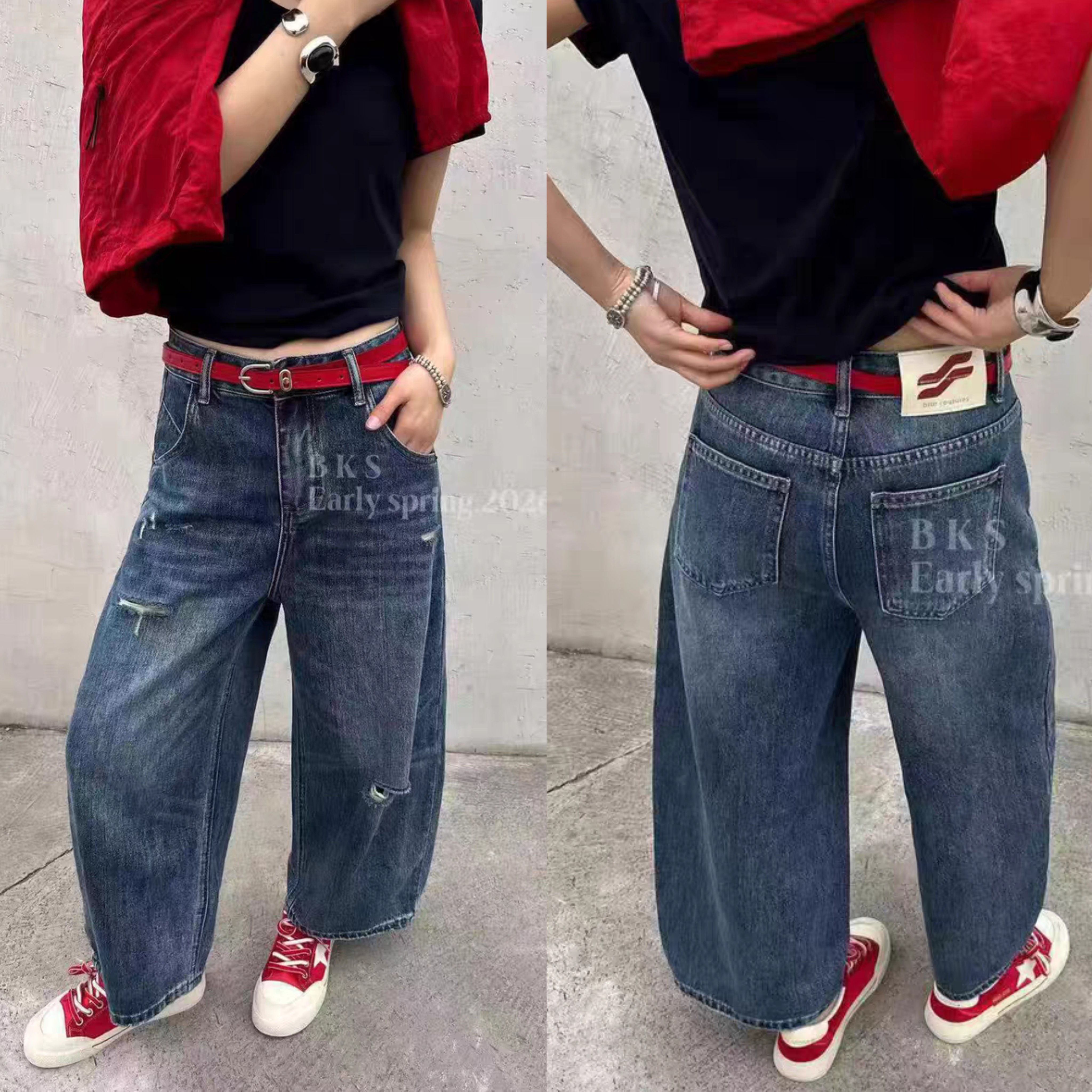 유럽 상품 jeans 하이웨이스트 슬림해 보이는 찢어진 9 포인트 모통이 칼 바지 여성 루즈핏 얇은 재료 벨트 포함 세련된 청바지