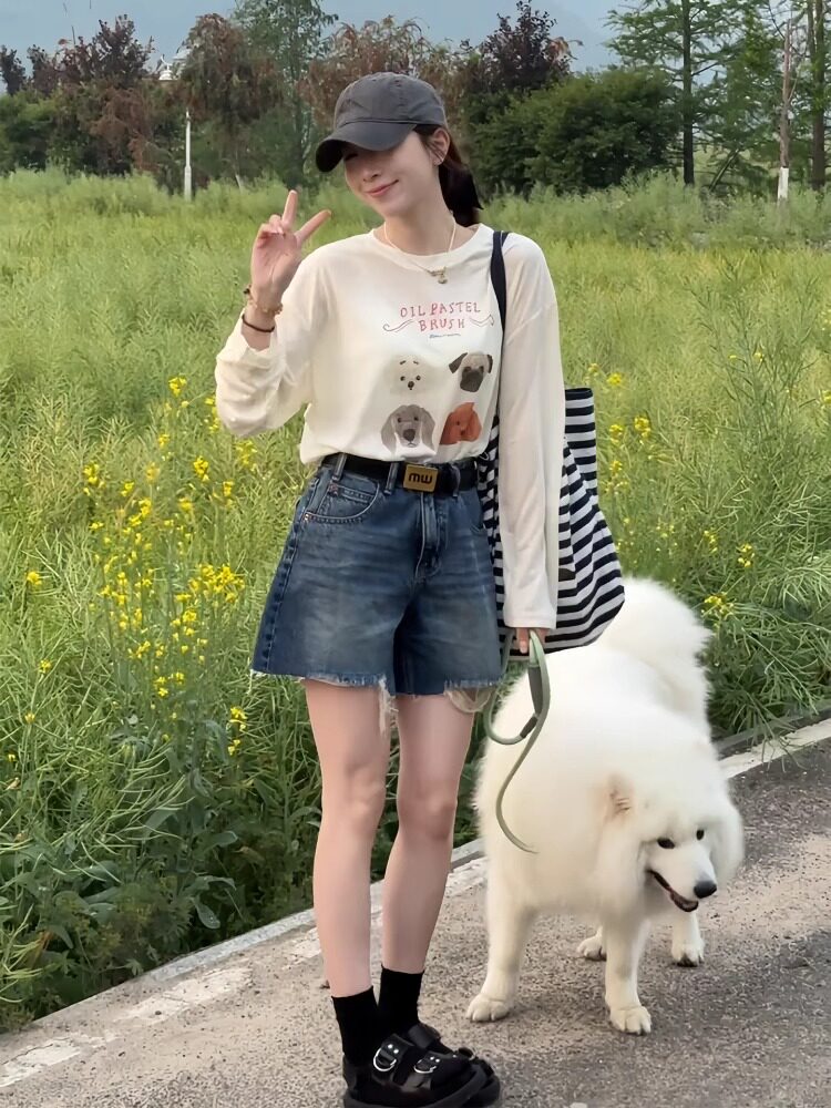 유럽 상품 여성 의류 작은 키 미니멀리즘 다용도 루즈핏 4 점 데님 반바지 레트로 하이웨이스트 한 마디 거친 가장자리 와이드 레그 팬츠