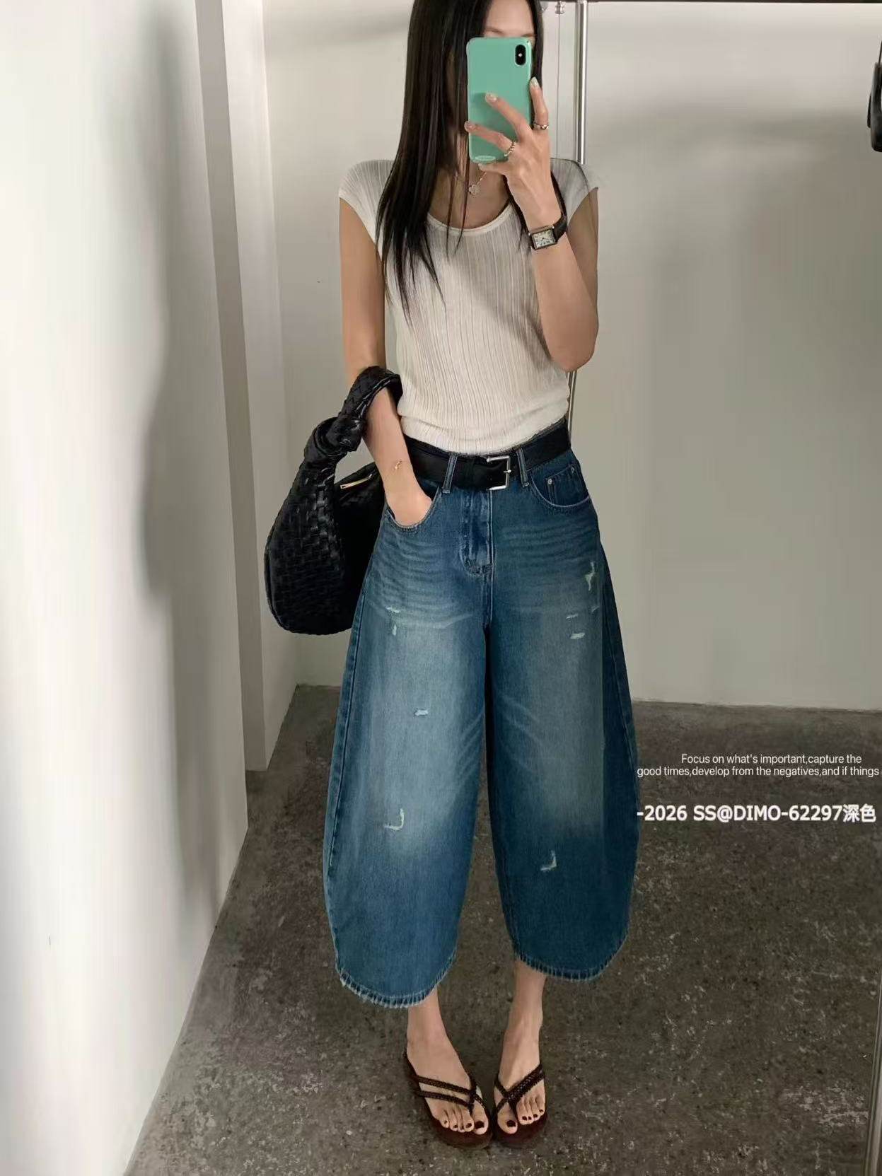 dimo62297 한 부서 캐주얼 바람 찢어진 7 점 넓은 다리 모통이 칼 바지 여성 26 여름 루즈핏 다용도 청바지