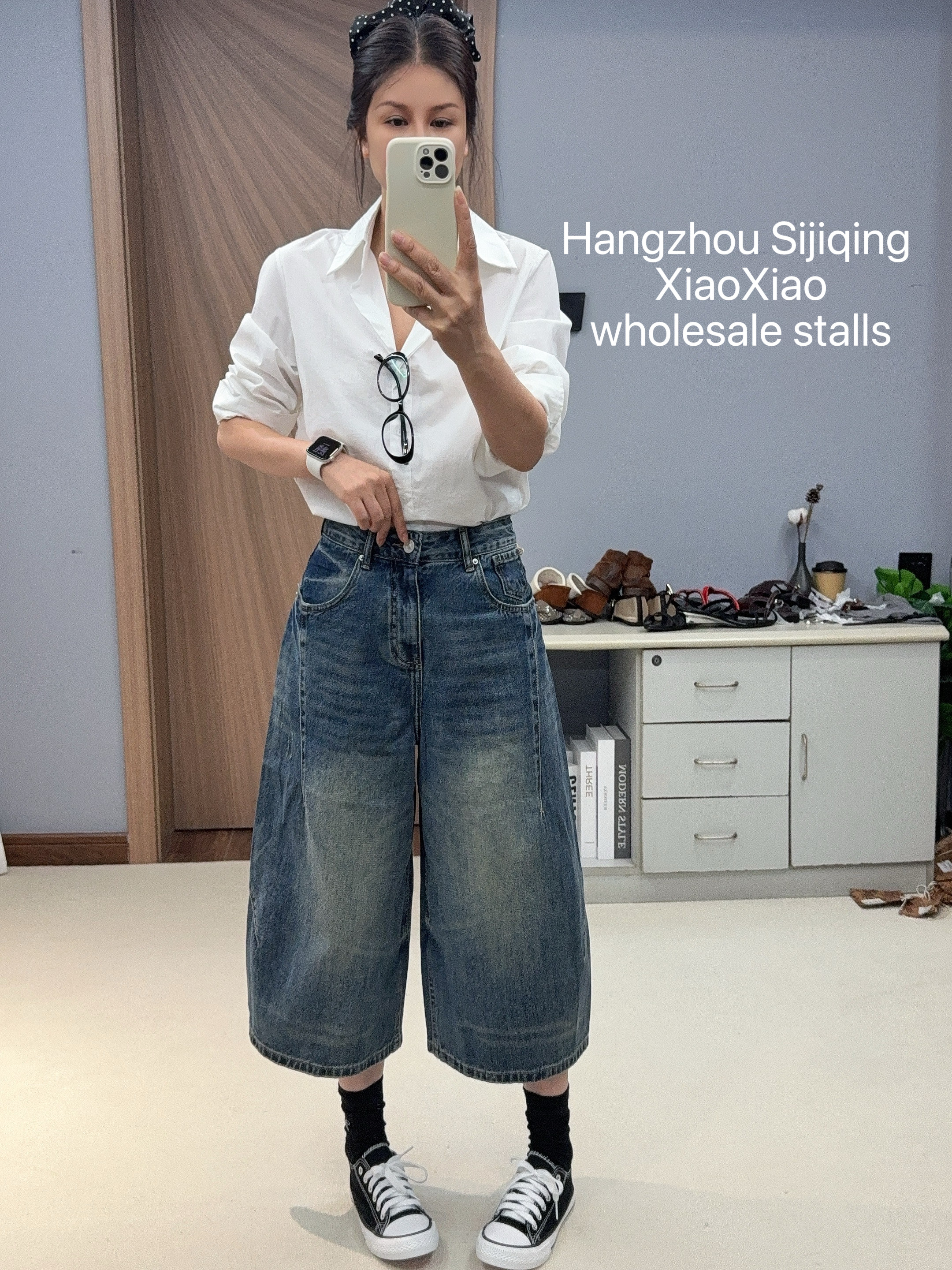 ts 6521 여름 2026 신제품 순면 확인 오래된 레트로 블루 개성 패션 여성 넓은 다리 7 점 데님 바지 b