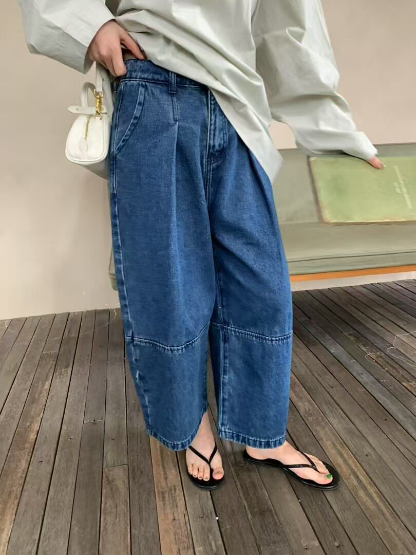 pearl 한 부서 레트로 진한 파란색 하이 웨이스트 청바지 여성 루즈핏 다용도 곡선 모통이 칼 넓은 다리 9 포인트 바나나 바지