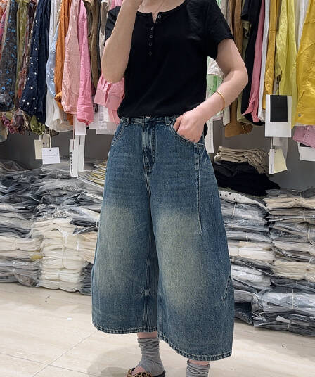 배 모양 몸 복음 자이언트 표지 넓적 다리 한국 jeans 워싱 8 점 바나나 바지 여성 루즈핏 슬림해 보이는 청바지