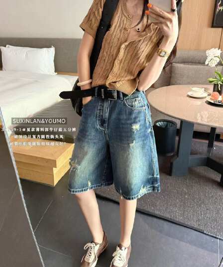 여름 섹션 ypumo38759 얇은 재료 오부 바지 불규칙 찢어진 부분 디자인 와 성별 슬림해 보이는 디스플레이 다리 길이 데님 바지