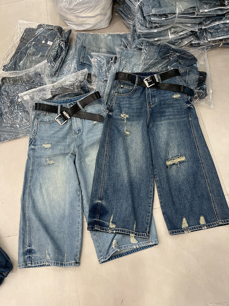 유럽 상품 jeans 봄 여름 하이웨이스트 루즈핏 워싱 세련된 찢어진 부분 와이드 레깅스 바지 슬림해 보이는 스트레이트 5 점 청바지