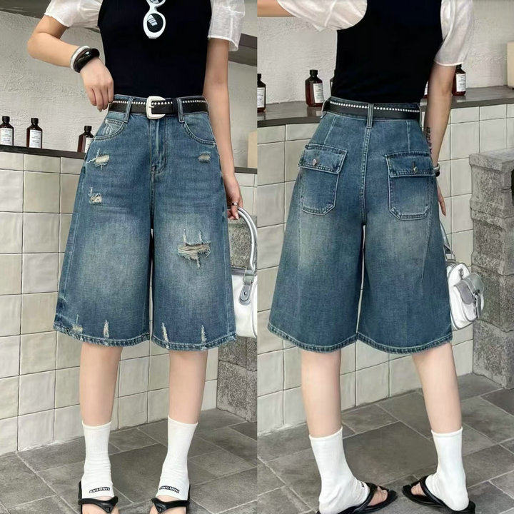 빨간색 Guoer 7089 워싱 블루 레트로 찢어진 부분 데님 오부 바지 여성 여름 새로운 슬림해 보이는 캐주얼 넓은 다리 바지 트렌디