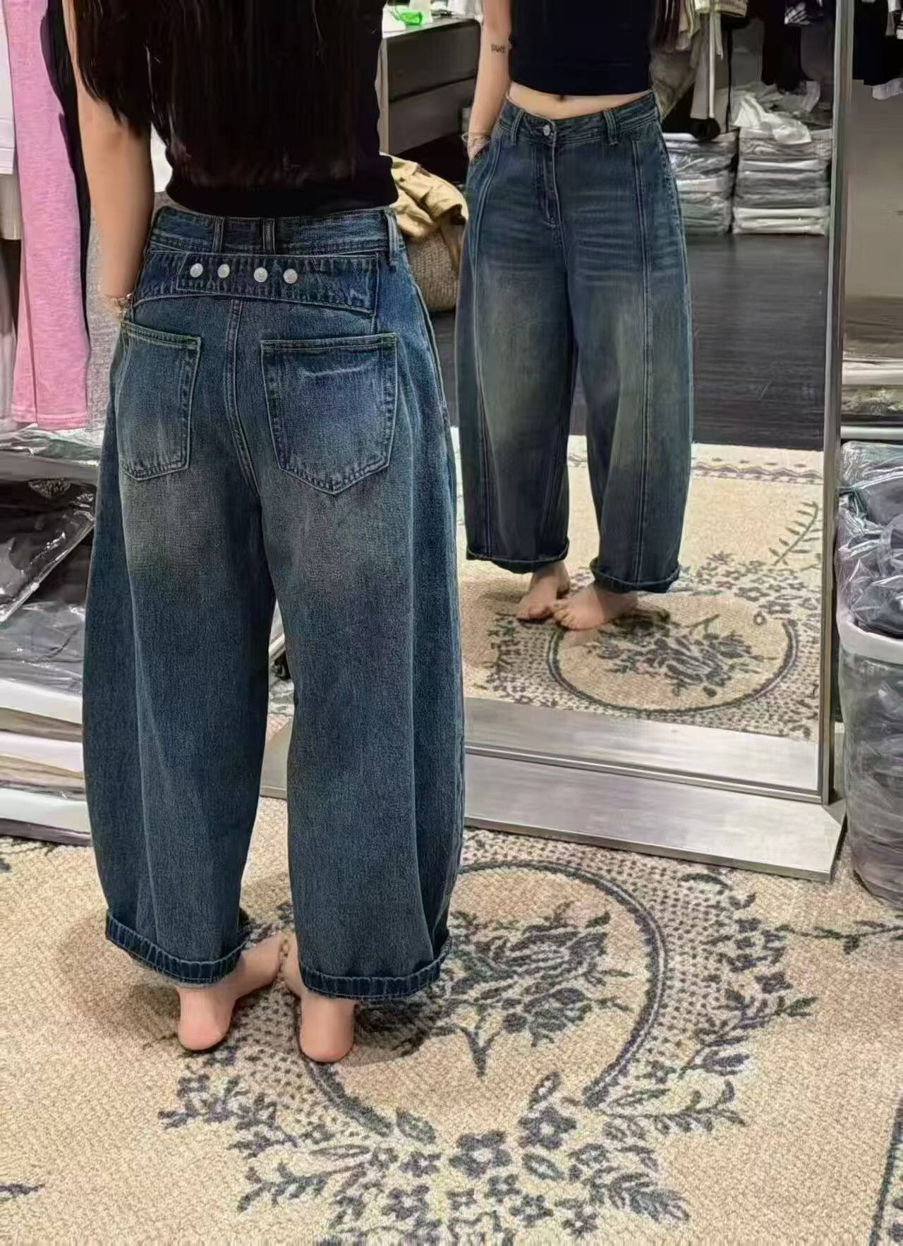 유럽 상품 jeans 데님 풍선 바지 여성 2026 봄 여름 하이웨이스트 버클 넓은 다리 루즈핏 슬림해 보이는 모통이 칼 9부 바지