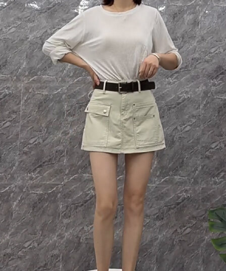 파란색 유명인 55455 여름 새로운 루즈핏 패션 하이웨이스트 슬림해 보이는 디자인 한 마디 반신 미니 스커트 여성 노동자 로드 중 바지