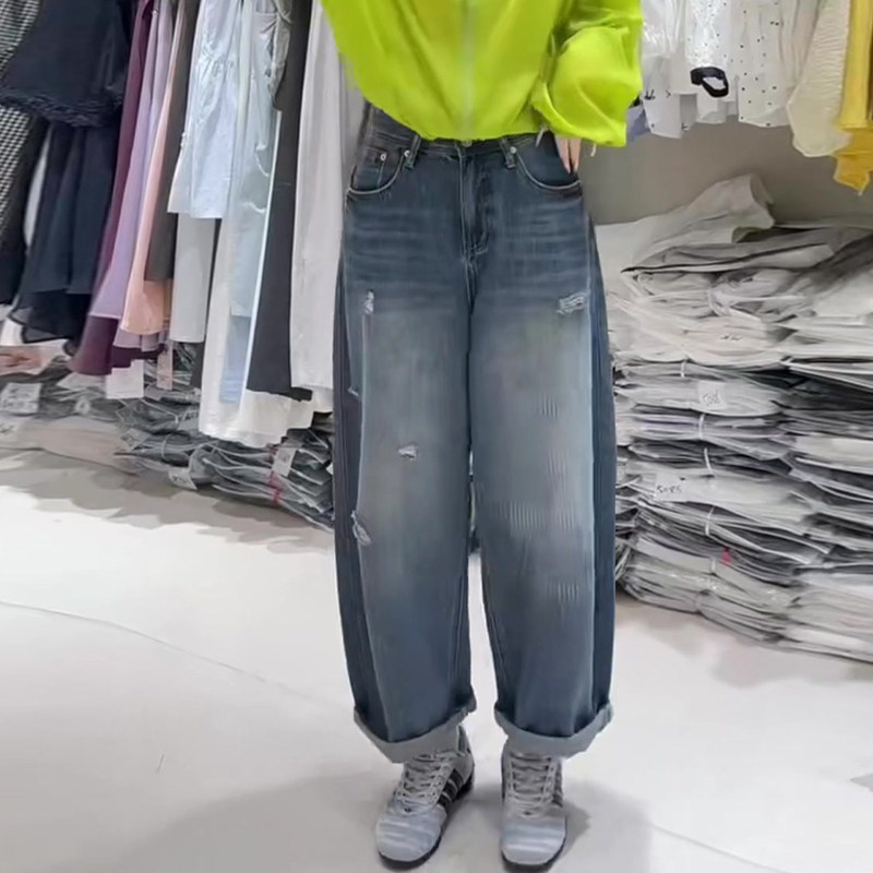 유럽 역 파란색 찢어진 부분 넓은 다리 청바지 여성 2026 여름 얇은 스타일 세련된 하이웨이스트 슬림해 보이는 모통이 칼 하렘 바지