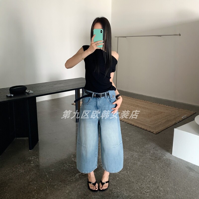 한 부서 하이웨이스트 루즈핏 느긋한 바람 8 점 벽오동 바지 여성 와이드 레그 팬츠 2026 여름 얇은 스타일 슬림해 보이는 스트레이트 바지