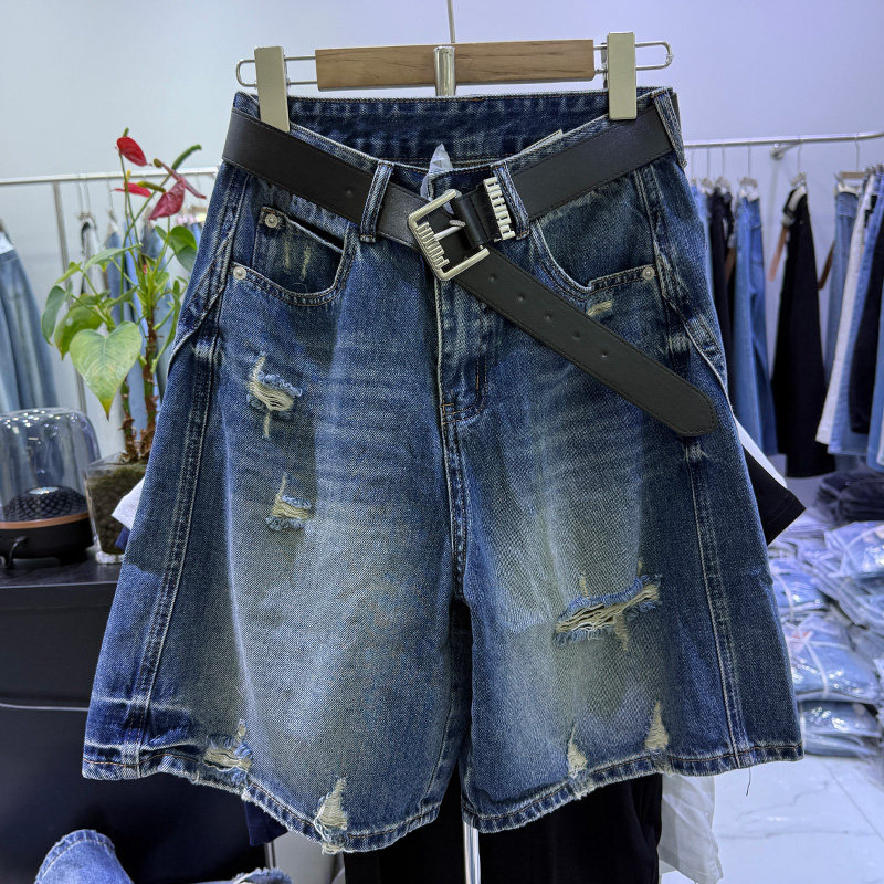 정 어린이 작은 가게 6170 여성 찢어진 부분 데님 반바지 패션 캐주얼 캐주얼 바지 하이웨이스트 스트레이트 넓은 다리 2026 여름 섹션