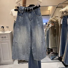 批发<b class='q'>韩国</b>高腰设计感阔腿小个子牛仔八分裤女夏季宽松遮肉显瘦气球裤潮