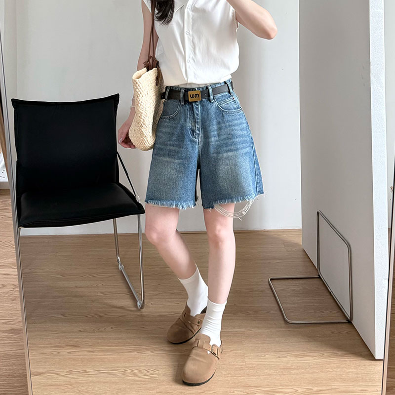 실사 거친 가장자리 찢어진 부분 데님 반바지 여성 여름 넓은 다리 레트로 블루 하이웨이스트 루즈핏 작은 키 스트레이트 팬츠