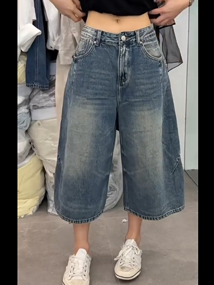 유럽 상품 jeans 레트로 마 오래된 데님 와이드 레그 팬츠 루즈핏 없음 폭탄 7부 바지 작은 키 바지 a87656