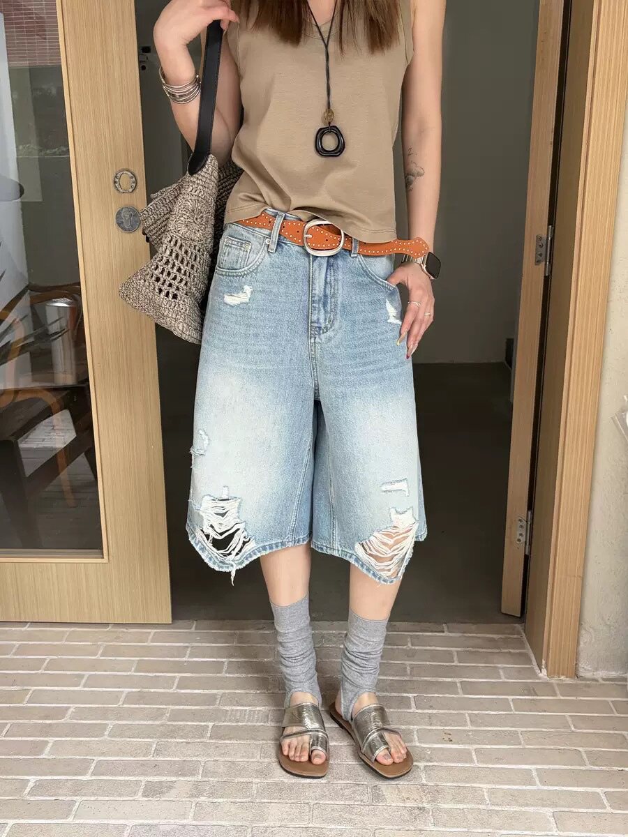 icciicc 넓은 다리 찢어진 부분 워시 물 하늘색 루즈핏 데님 오부 바지 여성 여름 10894