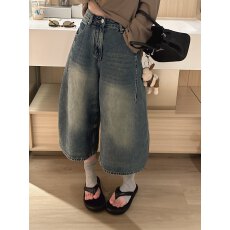 批发<b class='q'>欧洲站</b>2026夏季高腰复古怀旧色侧边压线百搭阔腿羊腿裤八分<b class='q'>牛仔裤</b>