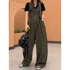 批发2026春夏新款韩系复古军绿色高腰直筒牛仔<b class='q'>连体裤女</b>通勤显瘦阔腿裤