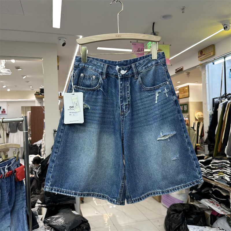 유럽 상품 92510 정통 레트로 마 오래된 찢어진 부분 데님 와이드 레깅스 바지 여름 새로운 루즈핏 슬림해 보이는 오부 바지