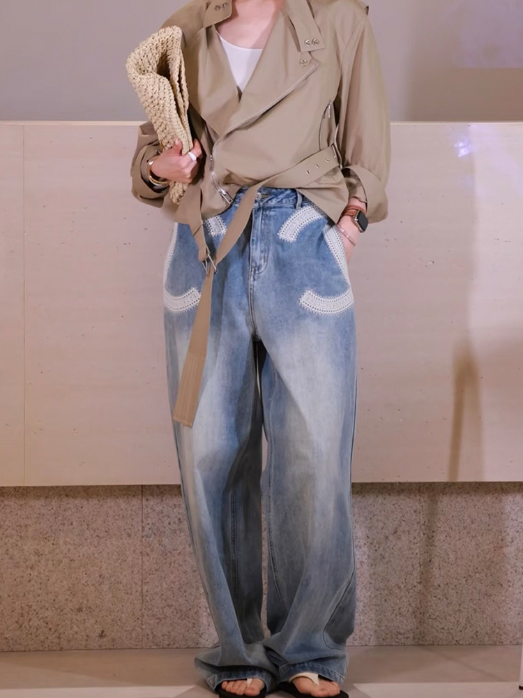 느긋한 분위기 레트로 마 오래된 레이스 자수 청바지