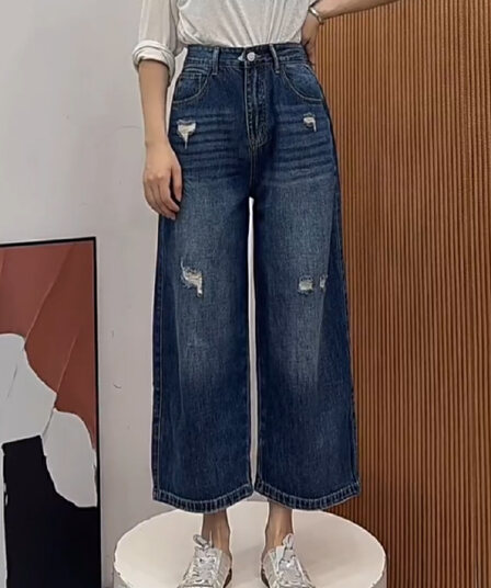 레트로 찢어진 부분 8 점 넓은 다리 청바지 여성 여름 얇은 스타일 루즈핏 슬림해 보이는 작은 키 스트레이트 바지