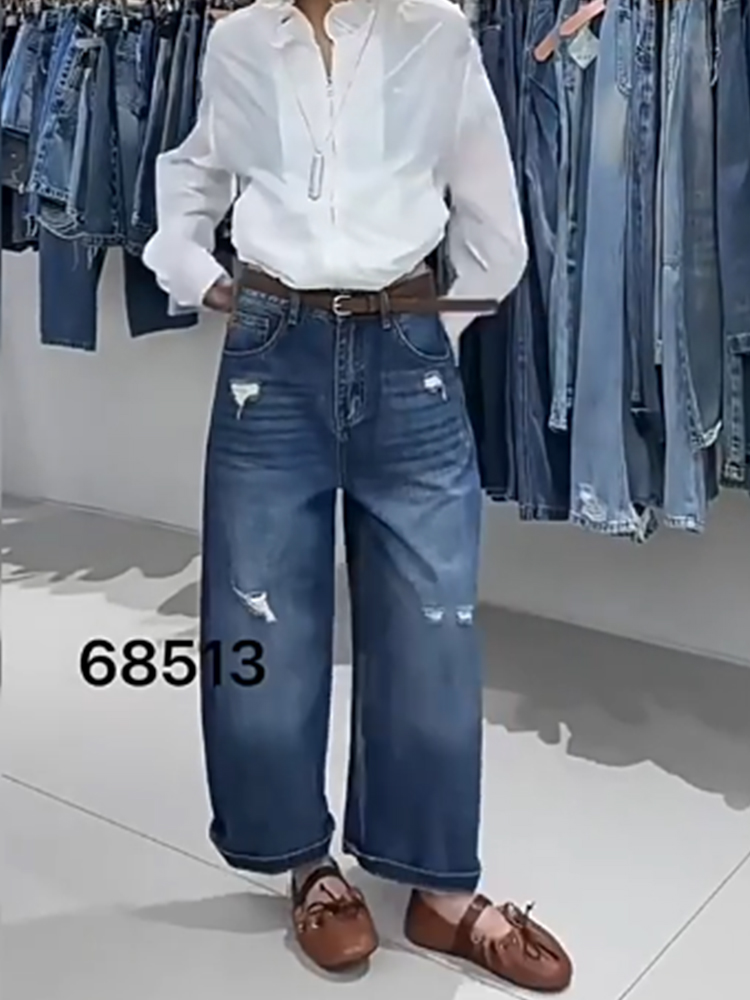 유럽 상품 suomala 케이블 마라 68513 여름 하이웨이스트 순면 없음 폭탄 찢어진 부분 슬림해 보이는 9 포인트 데님 스트레이트 팬츠
