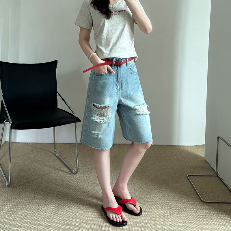 실사 아메리칸 레트로 거리 바람 루즈핏 찢어진 부분 5 점 청바지 여성 여름 스트레이트 루즈핏 넓은 다리가 짧다. 바지