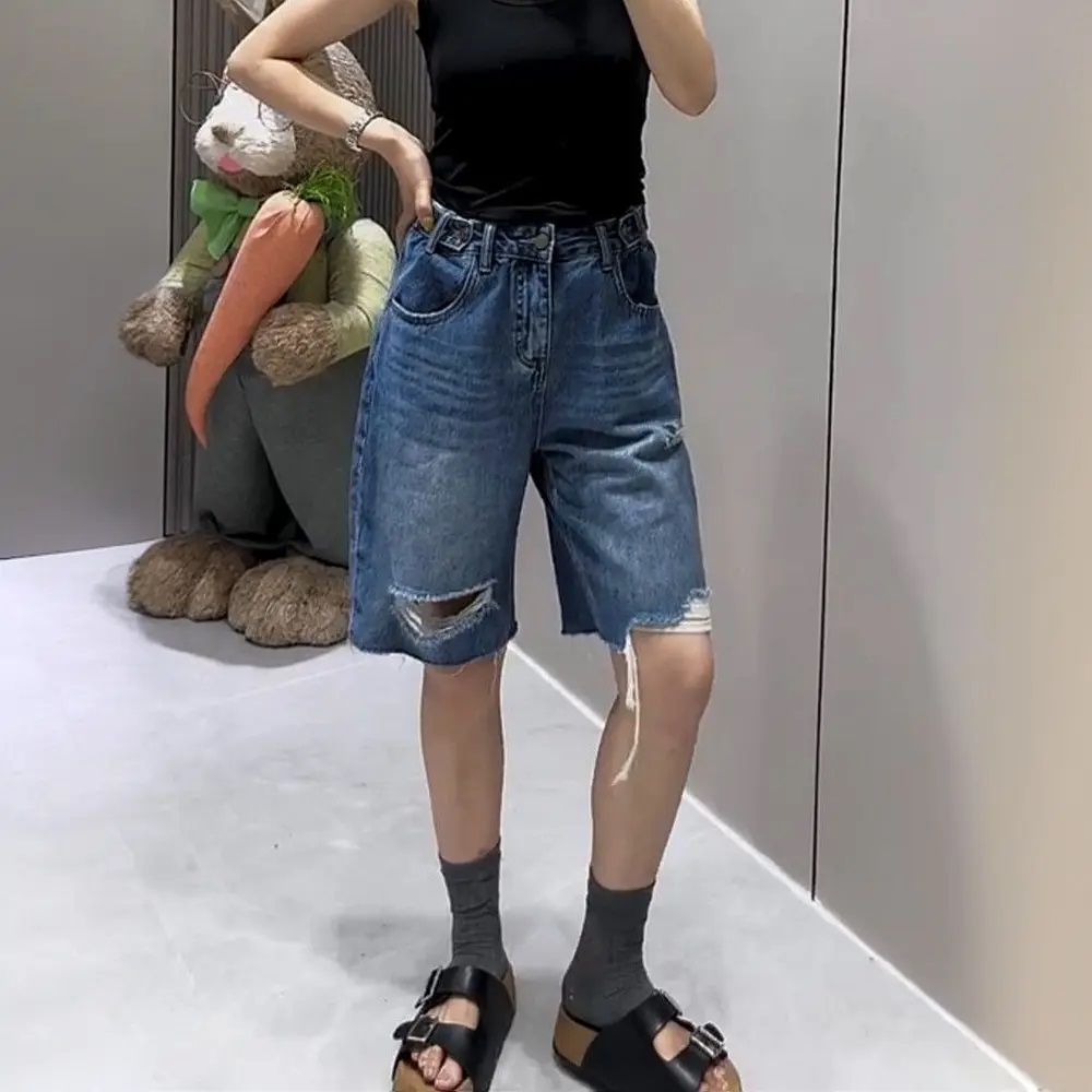 찢어진 부분 데님 반바지 여성 2026 여름 새로운 빅 사이즈 루즈핏 배 종류 몸 슬림해 보이는 넓은 다리 거친 가장자리 오부 바지