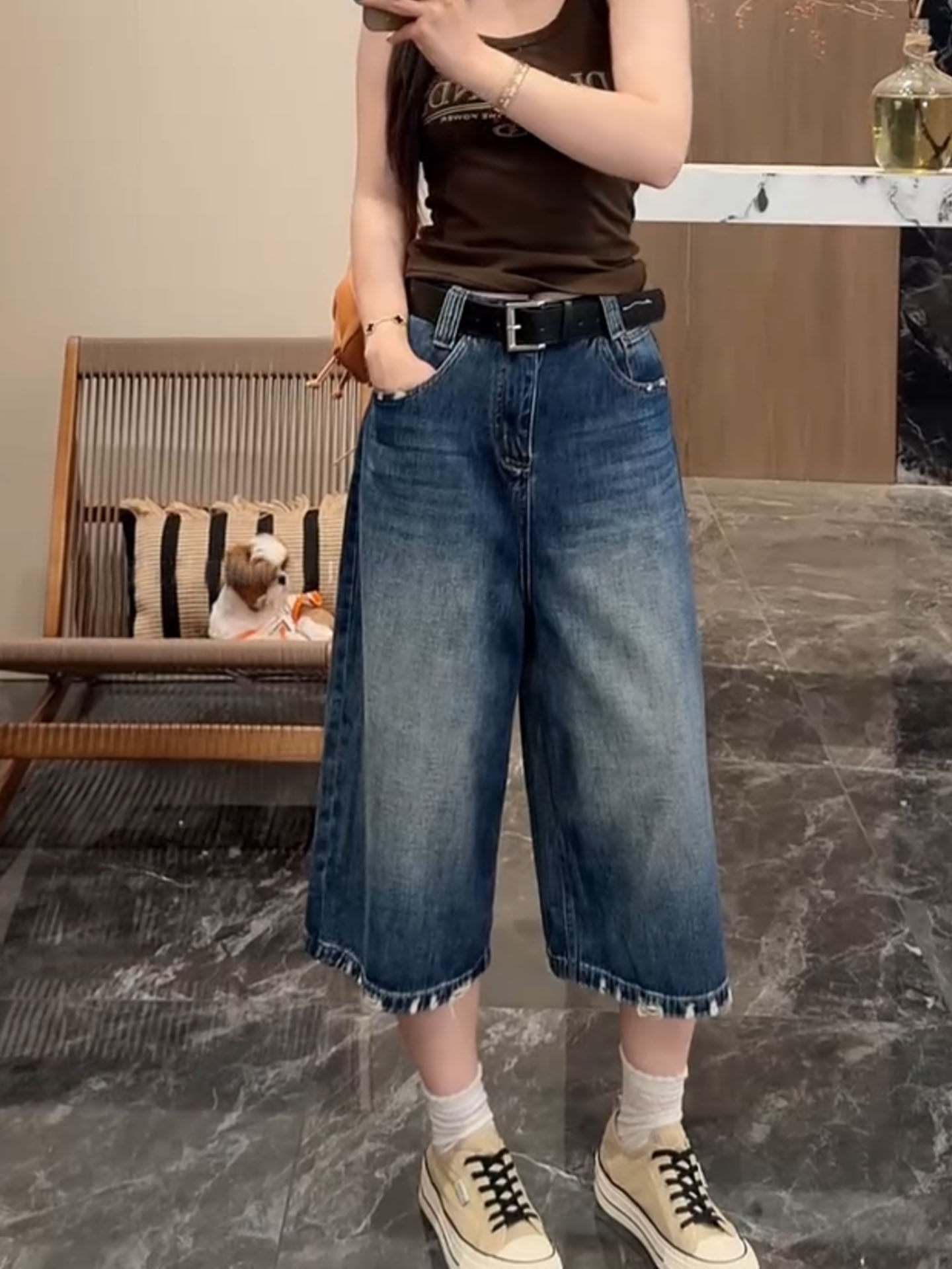 작은 키 하이웨이스트 찢어진 표지 넓적 다리 청바지 여성 빅 사이즈 2026 여름 새로운 루즈핏 슬림해 보이는 7 점 와이드 레그 팬츠