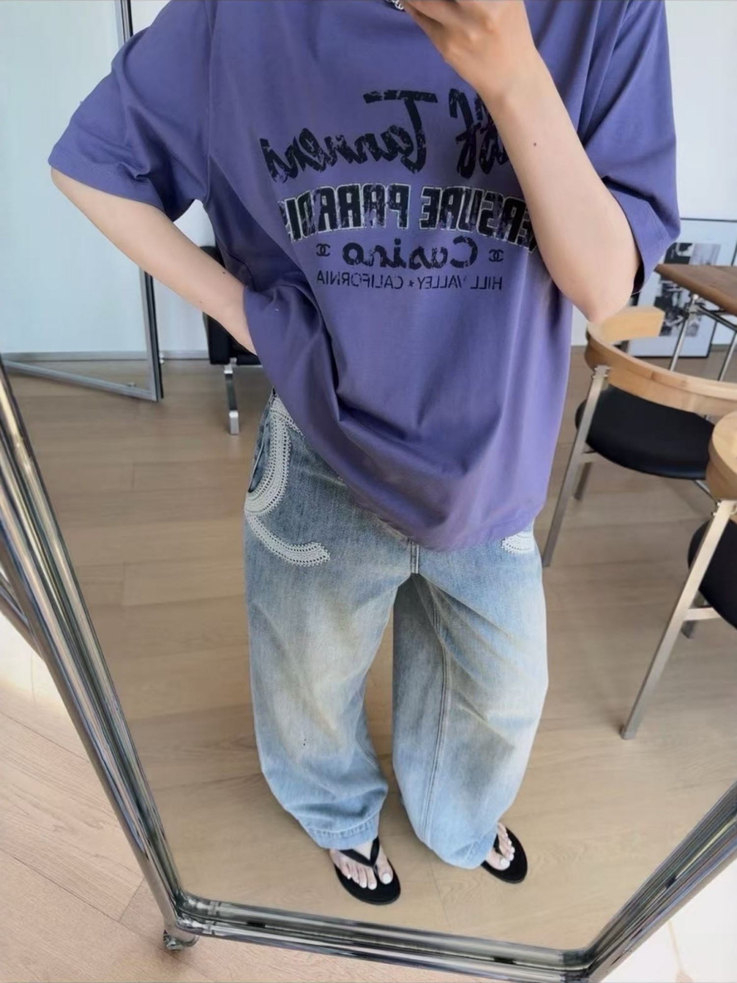 자수 넓은 다리 청바지 여성 여름 새로운 유럽 상품 레트로 블루 하이웨이스트 루즈핏 슬림해 보이는 캐주얼 스트레이트 바닥 청소 바지