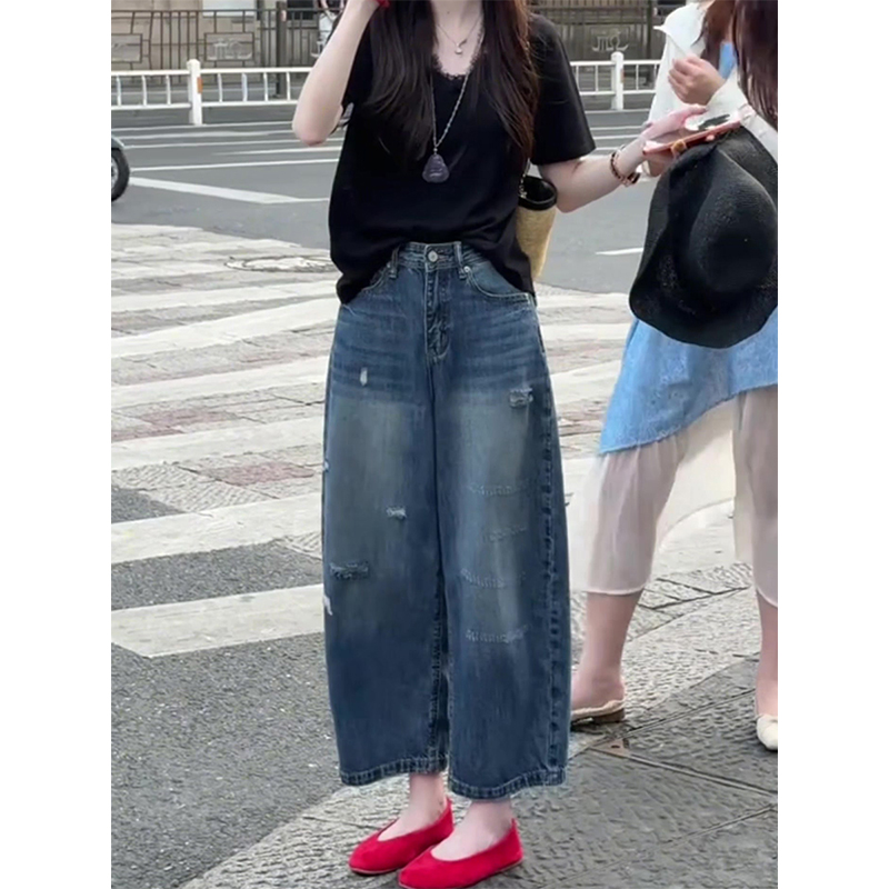 2026 새로운 인기 바지 아이들 여름 얇은 스타일 다용도 청바지 아메리칸 레트로 찢어진 루즈핏 9 포인트 스트레이트 팬츠