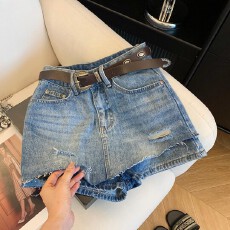 批发女夏百搭高腰小个子热裤蓝色包臀a字破洞短裤设计感<b class='q'>半身裙</b>裤