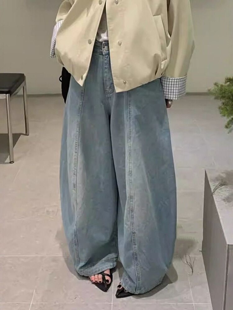 아메리칸 레트로 루즈핏 빅 사이즈 느긋한 바람 데님 바지 여름 핫걸 패션 슬림해 보이는 다용도 바닥 청소 모통이 칼 바지
